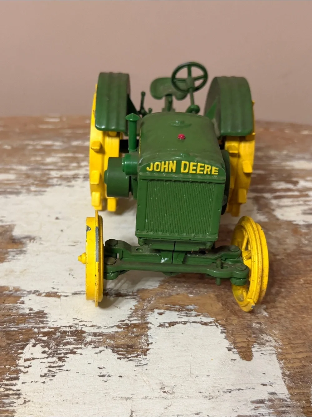 John Deere Green and Yellow Cast Metal Tractor Toy with Spoked Wheels